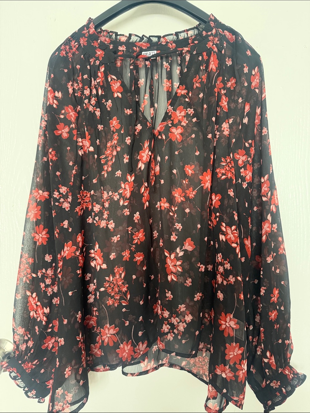 Bila 77 Sheer Black Blouse with Red Floral Tie-Neck